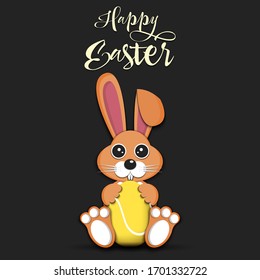 Happy Easter. Rabbit with easter egg decorated in the form of a tennis ball on an isolated background. Pattern for greeting card, banner, poster, invitation. Vector illustration