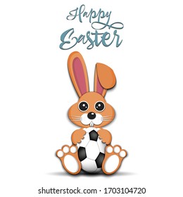 Happy Easter. Rabbit with easter egg decorated in the form of a soccer ball on an isolated background. Pattern for greeting card, banner, poster, invitation. Vector illustration