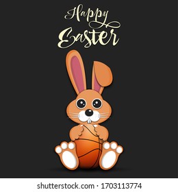 Happy Easter. Rabbit with easter egg decorated in the form of a basketball ball on an isolated background. Pattern for greeting card, banner, poster, invitation. Vector illustration