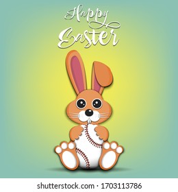 Happy Easter. Rabbit with easter egg decorated in the form of a baseball ball on an isolated background. Pattern for greeting card, banner, poster, invitation. Vector illustration