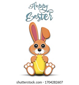 Happy Easter. Rabbit with easter egg decorated in the form of a tennis ball on an isolated background. Pattern for greeting card, banner, poster, invitation. Vector illustration