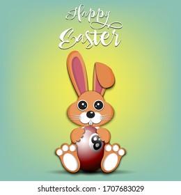 Happy Easter. Rabbit with easter egg decorated in the form of a billiard ball on an isolated background. Pattern for greeting card, banner, poster, invitation. Vector illustration