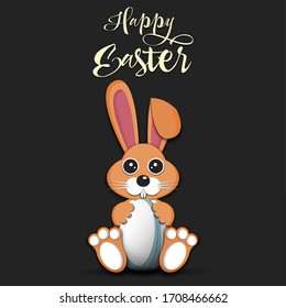 Happy Easter. Rabbit with easter egg decorated in the form of a rugby ball on an isolated background. Pattern for greeting card, banner, poster, invitation. Vector illustration