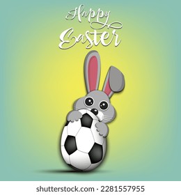 Happy Easter. Rabbit with easter egg decorated in the form of a soccer ball on an isolated background. Pattern for greeting card, banner, poster, invitation. Vector illustration