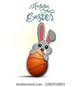 Happy Easter. Rabbit with easter egg decorated in the form of a basketball ball on an isolated background. Pattern for greeting card, banner, poster, invitation. Vector illustration