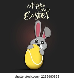 Happy Easter. Rabbit with easter egg decorated in the form of a tennis ball on an isolated background. Pattern for greeting card, banner, poster, invitation. Vector illustration