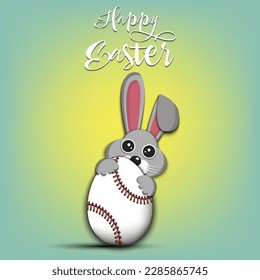 Happy Easter. Rabbit with easter egg decorated in the form of a baseball ball on an isolated background. Pattern for greeting card, banner, poster, invitation. Vector illustration