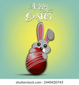 Happy Easter. Rabbit with easter egg decorated in the form of a cricket ball on an isolated background. Pattern for greeting card, banner, poster, invitation. Vector illustration