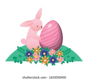 Happy easter rabbit with egg flowers and leaves design, Spring decoration holiday greeting ornament celebration festive season tradition and festival theme Vector illustration