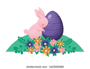 Happy easter rabbit with egg flowers and leaves design, Spring decoration holiday greeting ornament celebration festive season tradition and festival theme Vector illustration