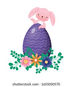 Feliz conejo de Pascua con flores de huevo y diseño de hojas, Decoración primaveral saludo adorno celebración de la temporada festiva tradición y tema del festival Ilustración vectorial