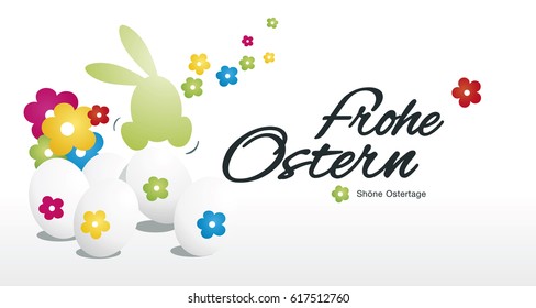Happy Easter rabbit egg hunt color flowers white background German text
