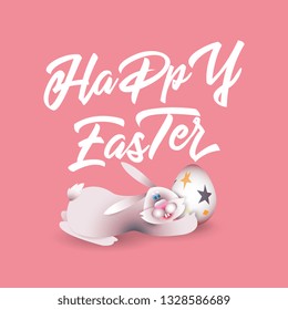 Happy Easter with rabbit and egg on pink background
