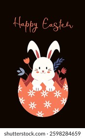 Happy Easter. Rabbit in egg with spring flowers. Greeting card, poster, banner. Vector illustration
