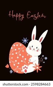 Happy Easter. Rabbit with egg with spring flowers. Greeting card, poster, banner. Vector illustration