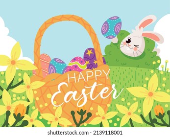 happy easter rabbit and eggs banner