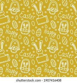 Happy easter. Rabbit and eggs in a basket. Hand drawn vector seamless pattern