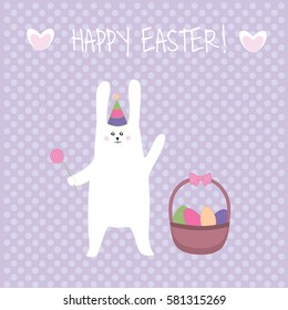Happy Easter rabbit eggs in basket postcard
