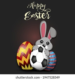 Happy Easter. Rabbit with easter eggs decorated in the form of a soccer ball on an isolated background. Pattern for greeting card, banner, poster, invitation. Vector illustration