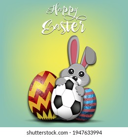 Happy Easter. Rabbit with easter eggs decorated in the form of a soccer ball on an isolated background. Pattern for greeting card, banner, poster, invitation. Vector illustration
