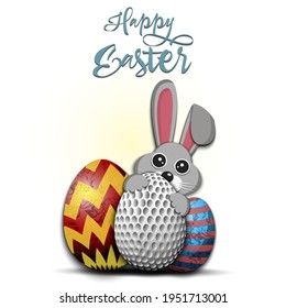 Feliz Pascua. Conejo con huevos de pascua decorado en forma de bola de golf en un entorno aislado. Patrón para tarjeta de saludo, pancarta, afiche, invitación. Ilustración del vector