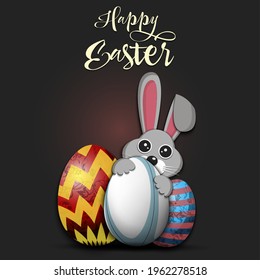 Happy Easter. Rabbit with easter eggs decorated in the form of a rugby ball on an isolated background. Pattern for greeting card, banner, poster, invitation. Vector illustration