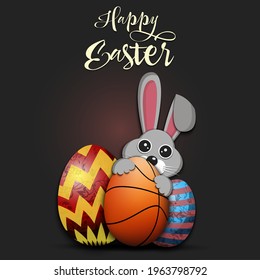 Happy Easter. Rabbit with easter eggs decorated in the form of a basketball ball on an isolated background. Pattern for greeting card, banner, poster, invitation. Vector illustration