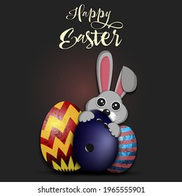 Happy Easter. Rabbit with easter eggs decorated in the form of a bowling ball on an isolated background. Pattern for greeting card, banner, poster, invitation. Vector illustration