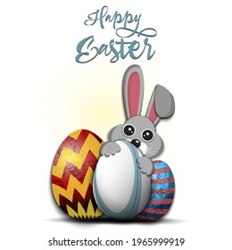 Happy Easter. Rabbit with easter eggs decorated in the form of a rugby ball on an isolated background. Pattern for greeting card, banner, poster, invitation. Vector illustration