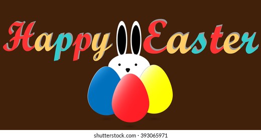 Happy Easter with rabbit and easter eggs, flat design, cartoon, Vector