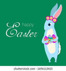 Happy Easter, rabbit with Easter eggs vector illustration flat style