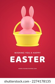 Happy Easter rabbit in festive basket surprise 3d greeting card design template realistic vector illustration. Bunny bauble traditional religious holiday Christianity congratulations animal character