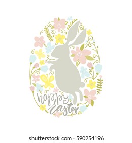 Happy Easter. Easter rabbit and floral elements inside egg shaped. Vector Illustration