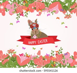 Happy easter rabbit and flower frame