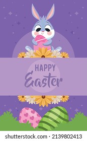 happy easter rabbit and flowers card