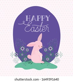 Happy easter rabbit with flowers design, Spring decoration holiday greeting ornament celebration festive season tradition and festival theme Vector illustration