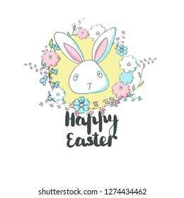 Happy Easter Rabbit in a frame of flowers. Vector illustration with lettering