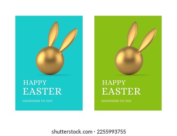 Happy Easter rabbit golden bauble 3d greeting card set design template realistic vector illustration. Bunny hare head with long ears toy traditional religious holiday festive event celebration decor