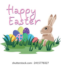 Happy easter. Rabbit in the grass next to decorated eggs