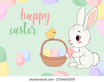 Happy Easter Rabbit Greeting Card Background. Cute Bunny Cartoon Character. Traditional Easter Egg Hunt Symbol. Soft Pastel Colored Spring Easter Holiday Banner Surface Design. Lovely Celebration Party Decoration. Funny Tiny Happy Whimsical Bunny Rabbit Animal Easter Card Invitation Art. Funny Cartoon Kid Greeting Card Design Element. Baby Shower Party Symbol Decoration Element Isolated on White Background. Drawn Holiday Traditional Talisman Illustration. Happy Egg Hunt Joy Cheerful Invitation Design Graphic Part. Small Spring Holiday Celebration Lucky Mascot Talisman Art. 