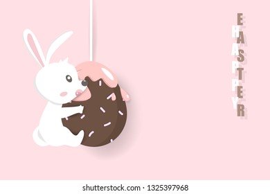 Happy Easter, rabbit hanging with chocolate egg, holiday greeting card, decoration poster invitation background vector illustration