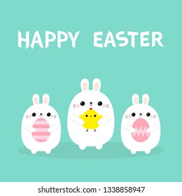 Happy Easter. Rabbit holding chicken bird, painting egg set. Bunny baby chick friends forever. Farm animal. Cute cartoon kawaii funny character. Blue pastel background. Flat design Vector illustration