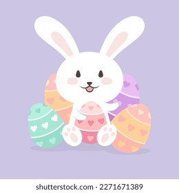 Happy easter rabbit holding painted heart shape pattern eggs illustration.