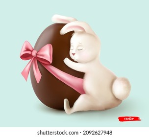 Happy Easter Rabbit hugs chocolate egg on transparent background. Realistic vector illustration of chocolate Easter egg and rabbit. Easter card or poster.