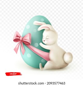 Happy Easter Rabbit hugs an egg on transparent background. Happy Easter holiday vector illustration. Easter card or poster.