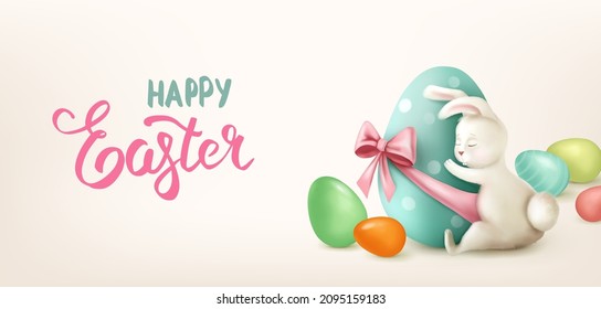 Happy Easter Rabbit hugs an egg on beige background. Happy Easter holiday vector illustration. Easter banner.