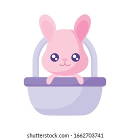 Happy easter rabbit inside basket flat style icon design, Spring decoration holiday greeting ornament celebration festive season tradition and festival theme Vector illustration