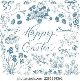 Happy Easter rabbit lamb flowers eggs lettering line drawing set group illustration clip spot art vector pen and ink