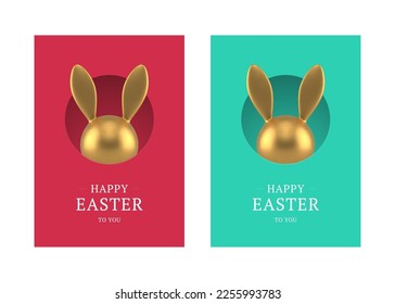 Felices orejas de conejo de Pascua ocultando sorpresiva tarjeta 3d conjunto de tarjetas de felicitación plantilla de diseño vector ilustración realista. Bunny hare dorado bauble tradicional fiesta cristiana felicitaciones festivas