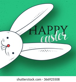 Feliz Pascua. Aspecto de conejo y caligrafía de saludo. 